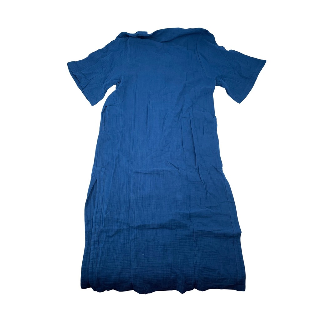 ocean+main Dress One Size Blue Excellent Cotton Gauze Caftan V-Neck Side Slit - Picture 2 of 4